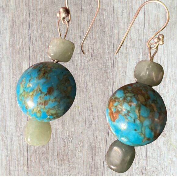 Vintage Genuine Kingman Turquoise & Aventurine Stone Sterling Drop Earrings - Picture 3 of 6